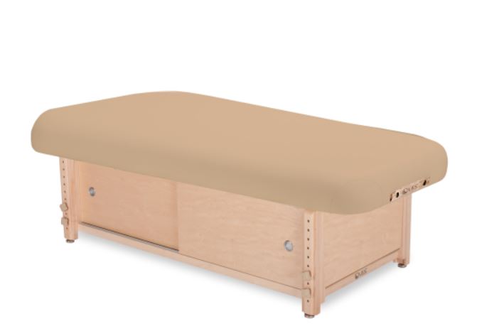 Living Earth Crafts SONOMA spa table: beige padded top, cabinet storage, wooden base.