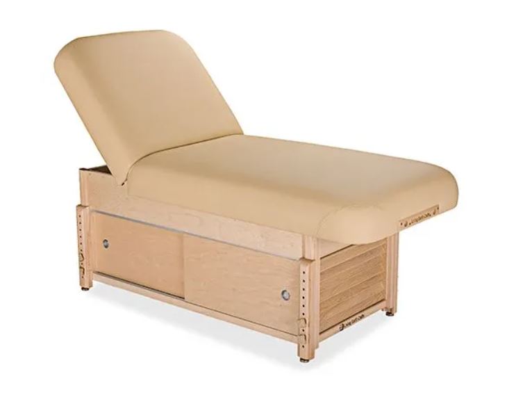 Living Earth Crafts SONOMA manual tilt spa table with cabinet base on a white background.