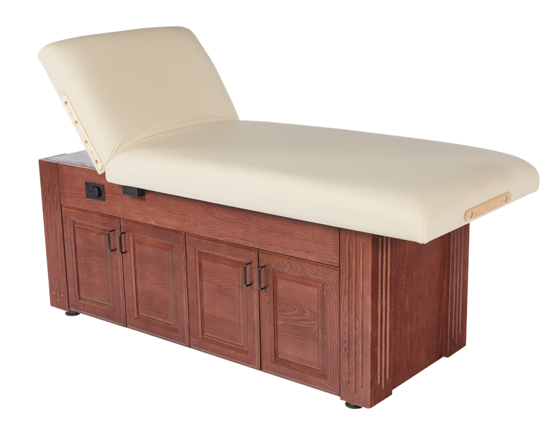 Custom Craftworks M100 Lift Back Electric Spa Table with padded, adjustable height and storage.