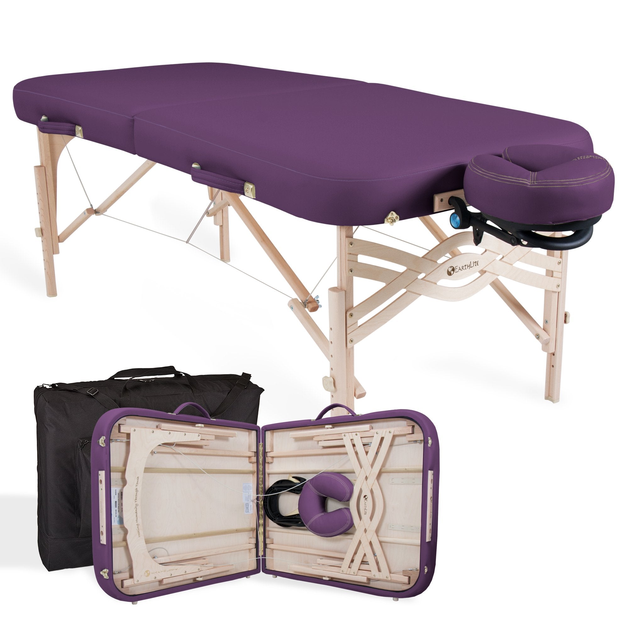 EarthLite SPIRIT Portable Massage Table by EarthLite, shown folded and open with headrest and case.