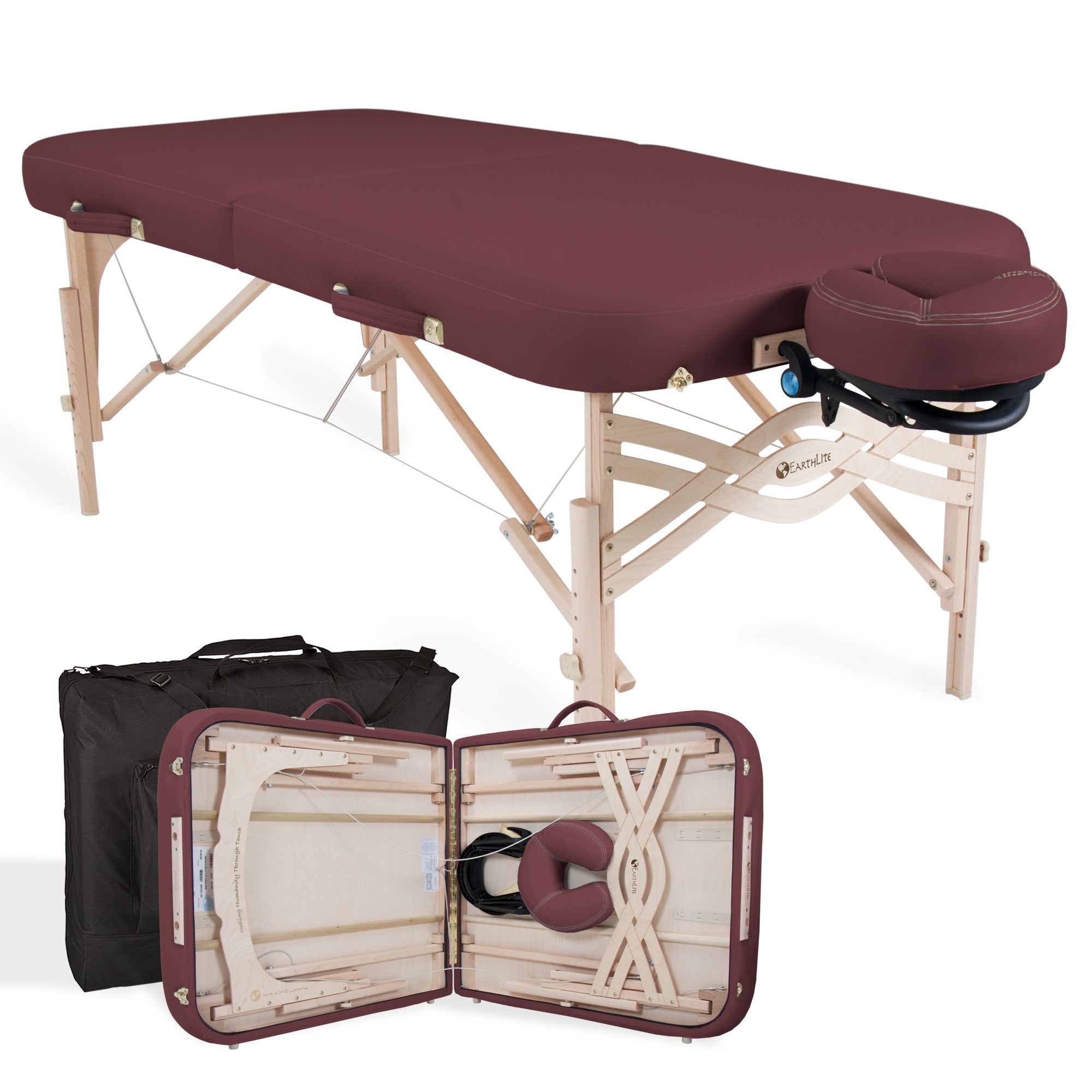 EarthLite SPIRIT portable massage table with burgundy padding, face cradle, and case.