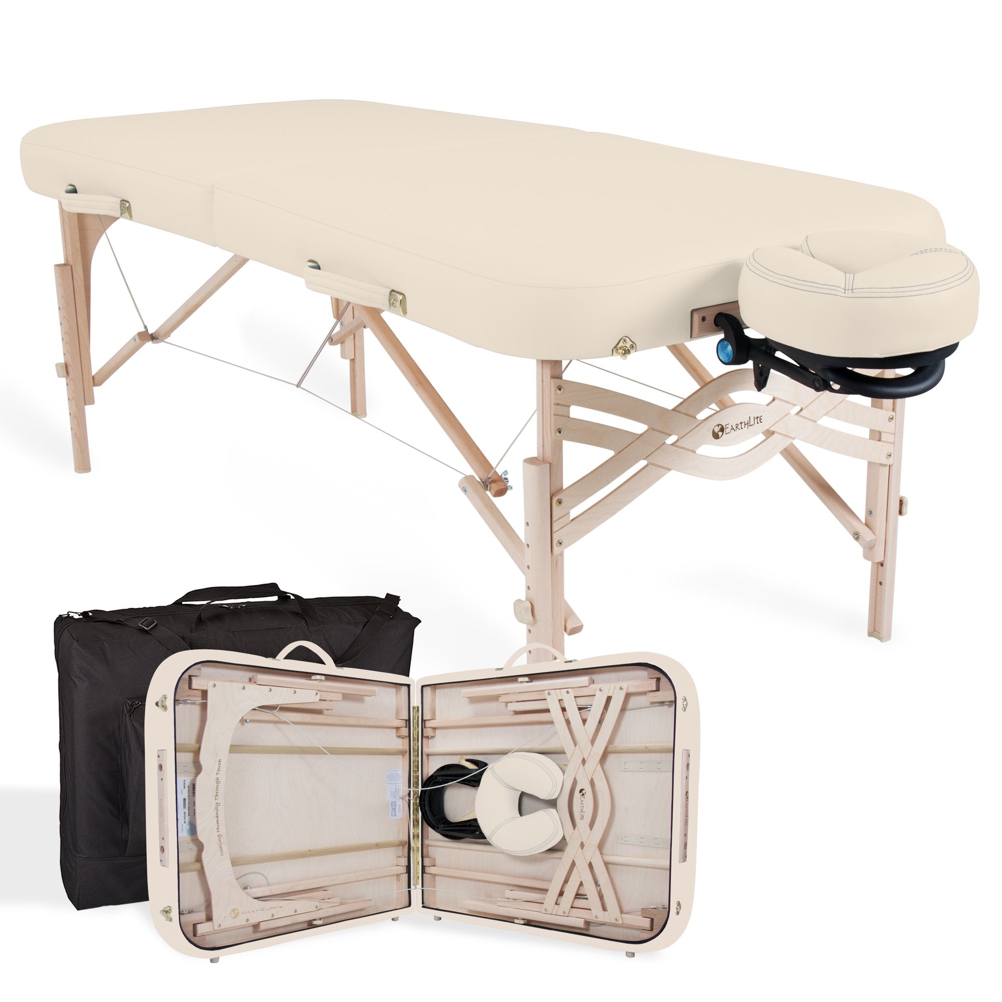 EarthLite SPIRIT Portable Massage Table with face cradle, shown open, closed, and in case.