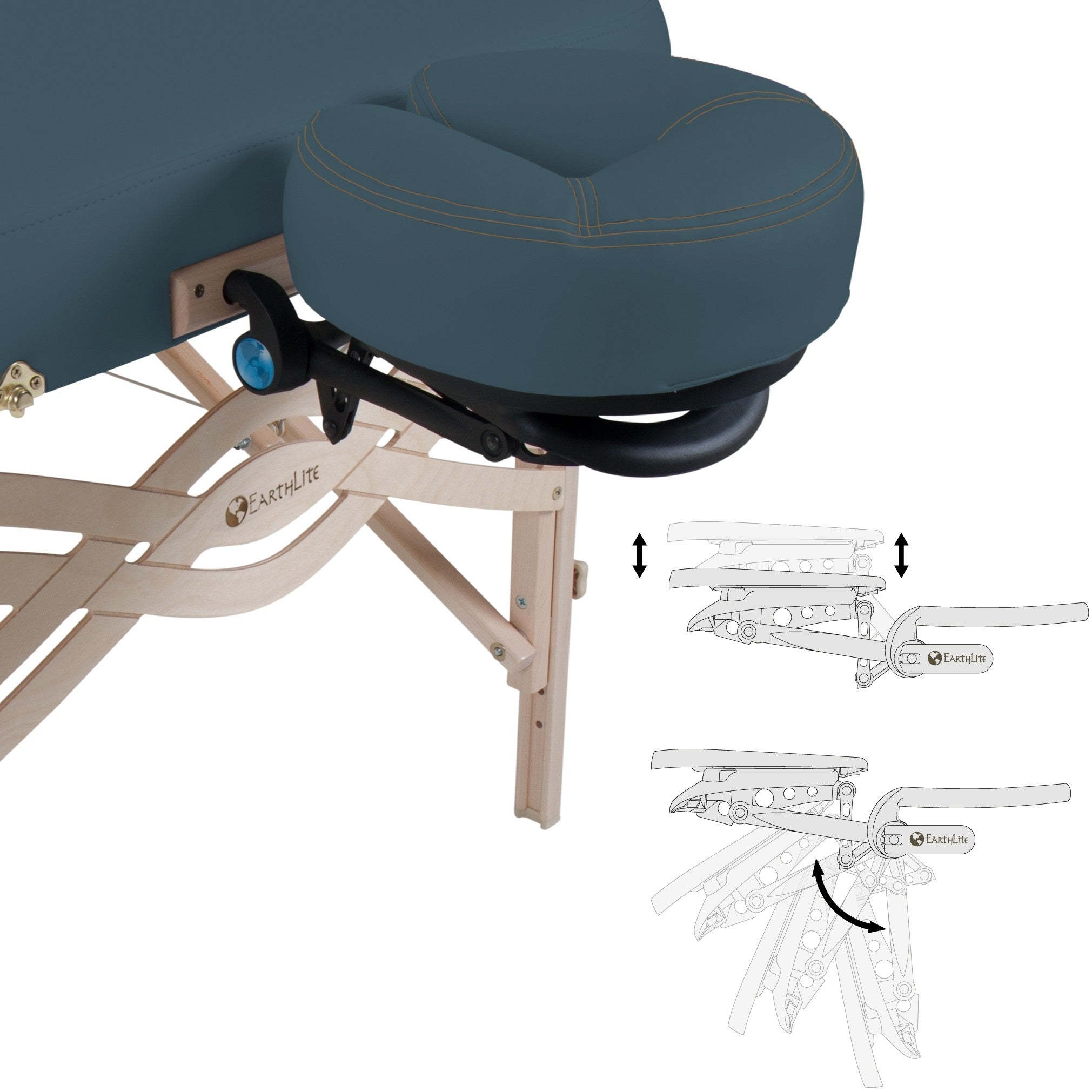 Adjustable headrest on the EarthLite SPIRIT Portable Massage Table, shown with tilt diagram.