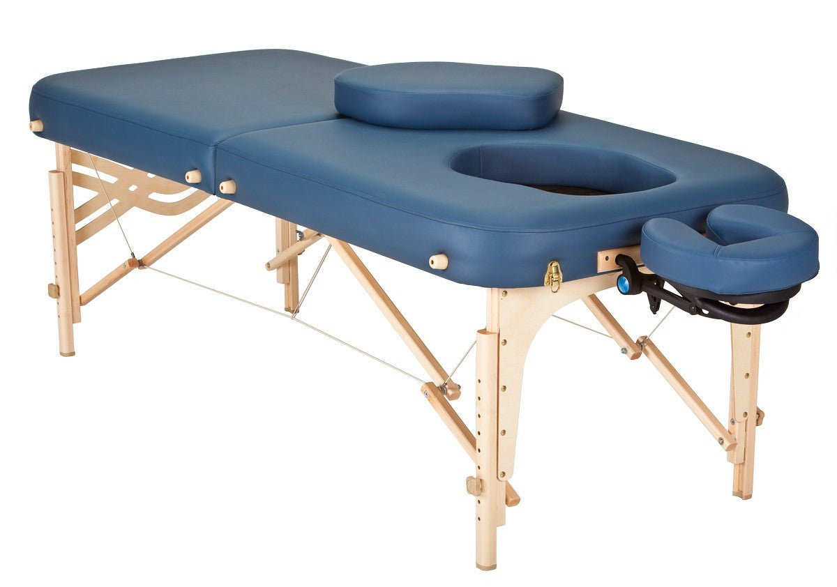 EarthLite SPIRIT PREGNANCY Massage Table features a face cradle, headrest, and wooden legs.