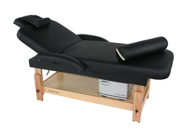 TouchAmerica STATIONARY FACE & BODY Table: maple frame, cushions, storage shelf underneath.