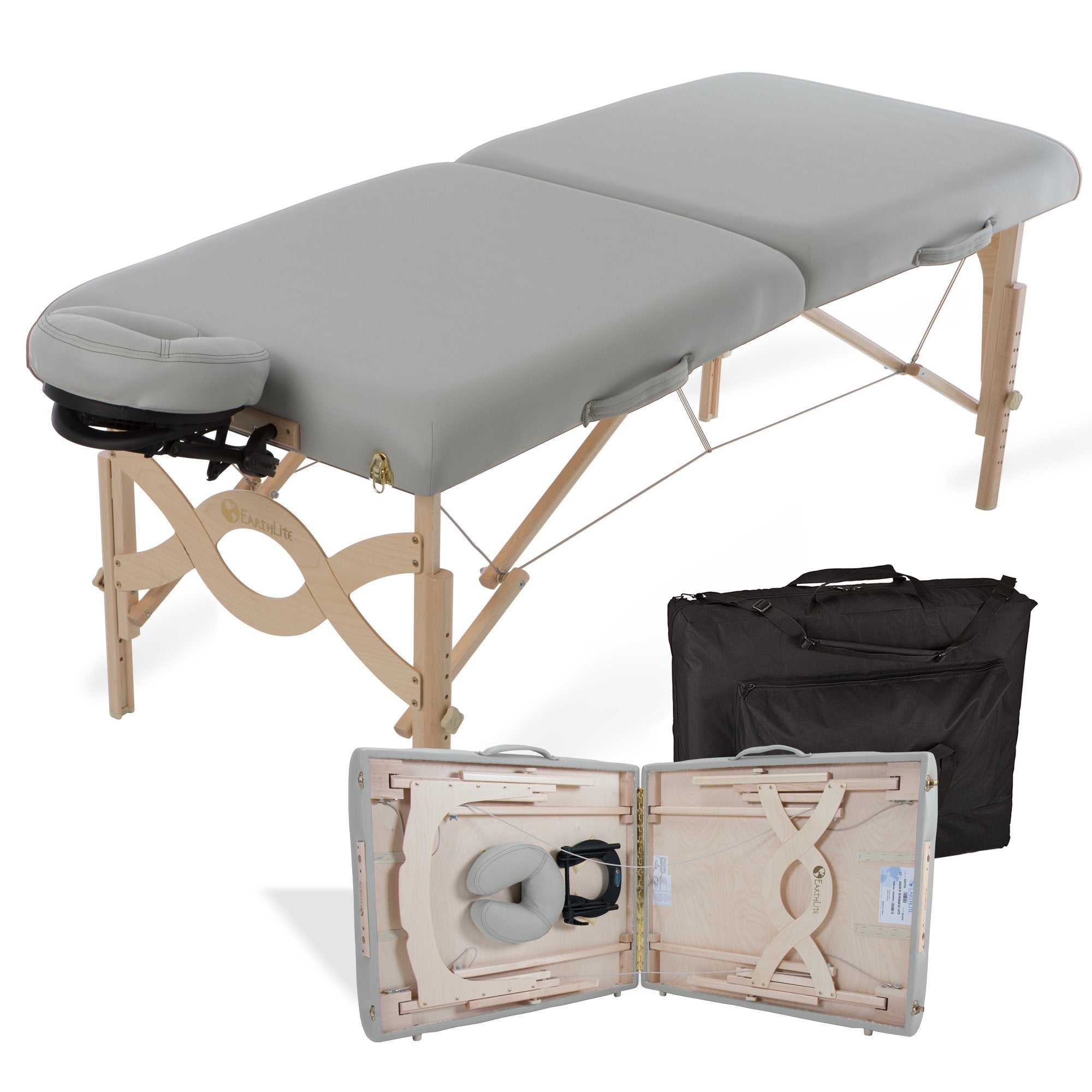 EarthLite AVALON XD massage table with face cradle, wood legs, and black case.