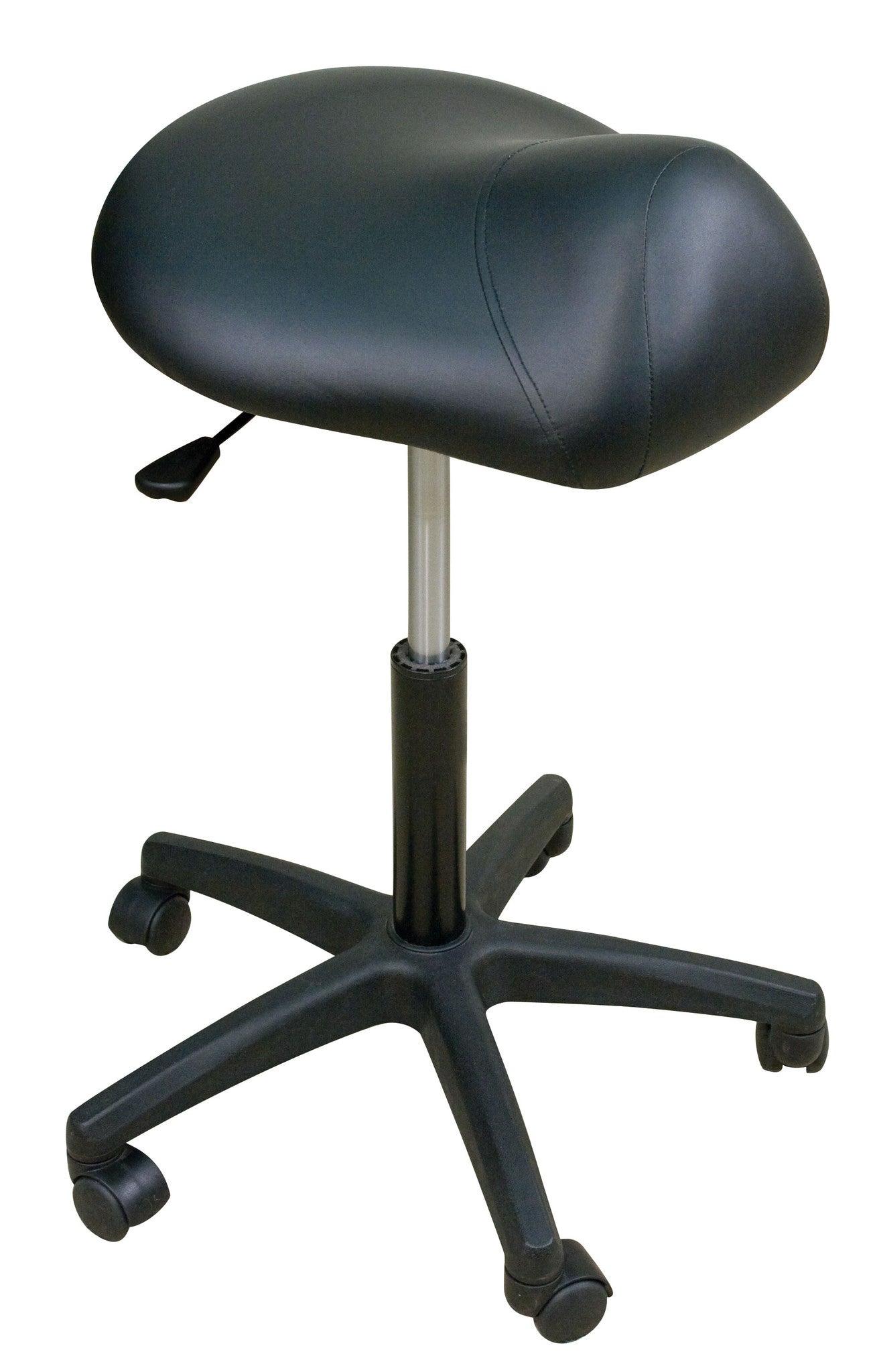 Oakworks PREMIUM SADDLE Seat Stool with pneumatic height adjust and 5 caster wheels.