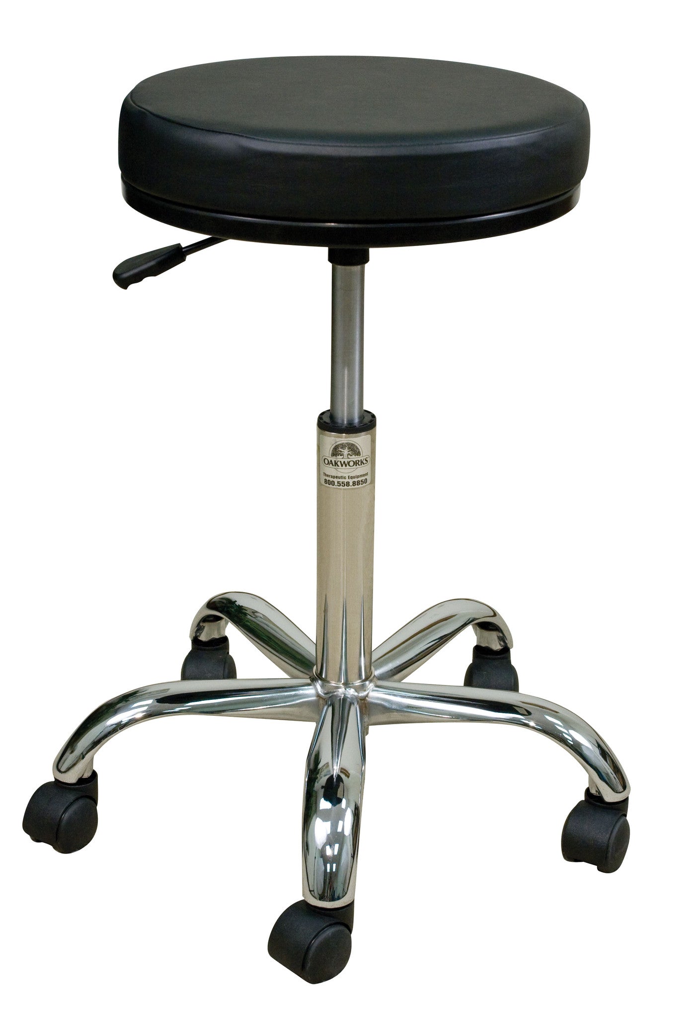 Oakworks PROFESSIONAL Stool—black, chromed steel base, 5 wheels, by Oakworks.