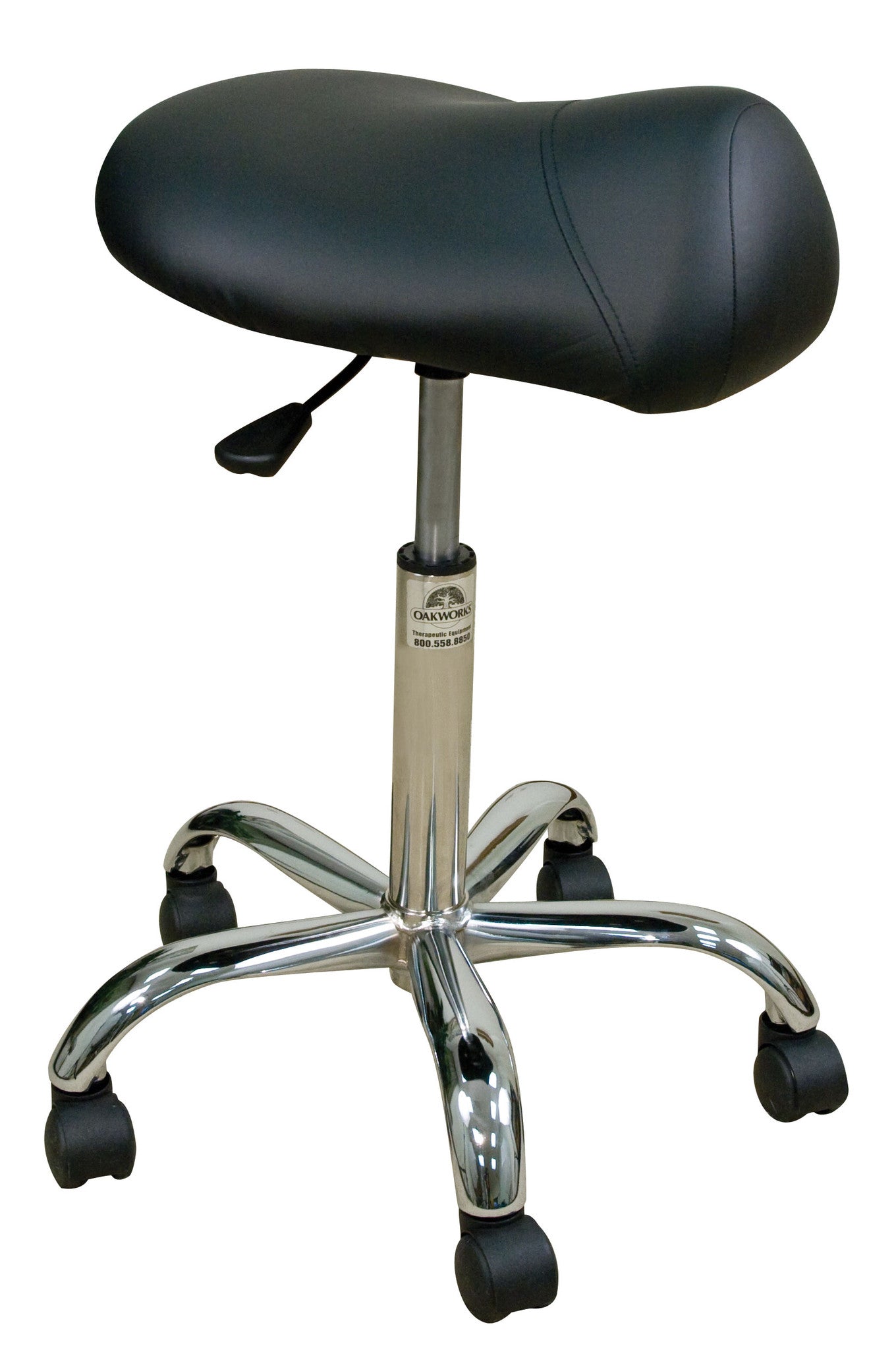 Oakworks PROFESSIONAL SADDLE Seat Stool features pneumatic height adjustment for professionals.