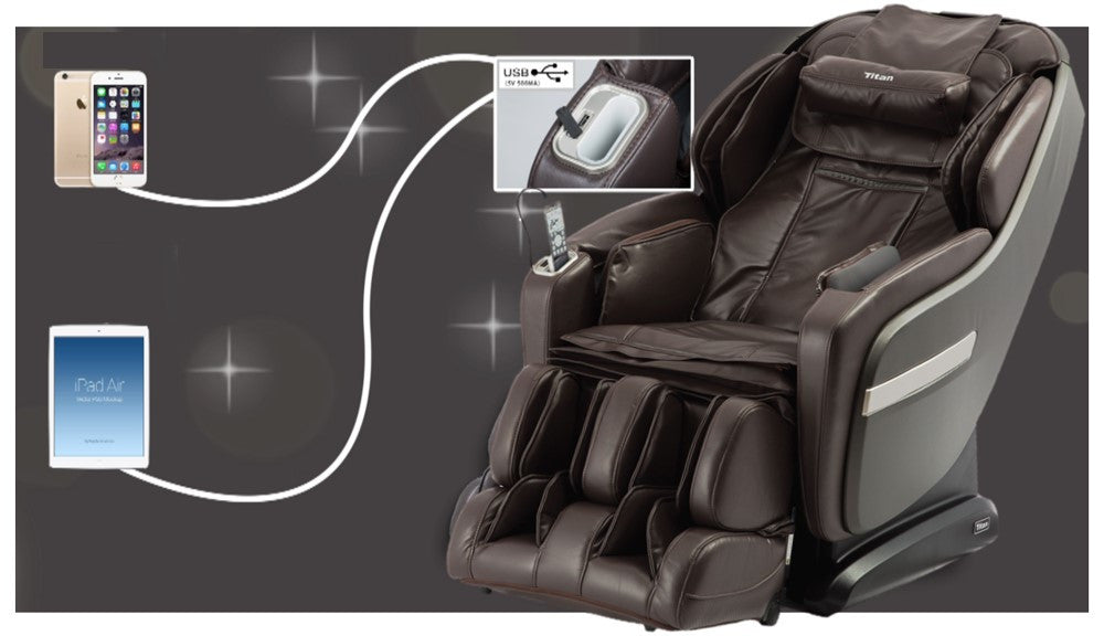 Titan OS-Pro SUMMIT dark brown L-Track massage chair with USB ports and device connectivity.