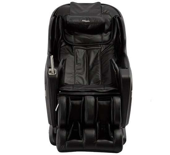 Titan OS-Pro SUMMIT Massage Chair by Titan, black leather L-Track design with cushions and armrests.