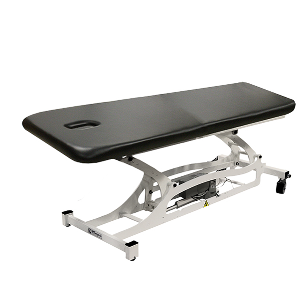 PHS Medical Thera-P electric table, black padded, face hole, white adjustable metal base.