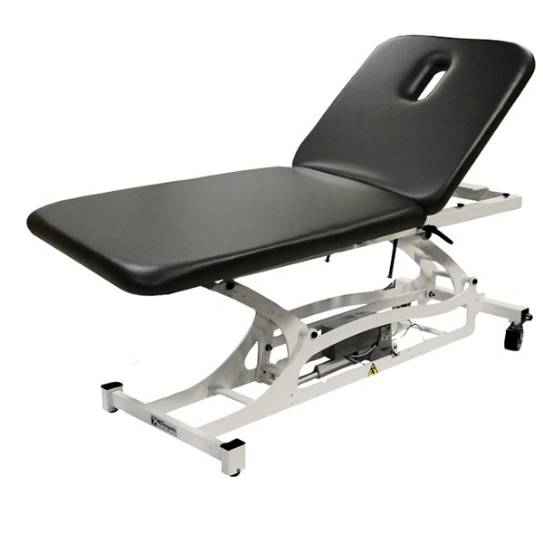 PHS Medical Thera-P Electric Treatment Table, black with face hole on white metal base.