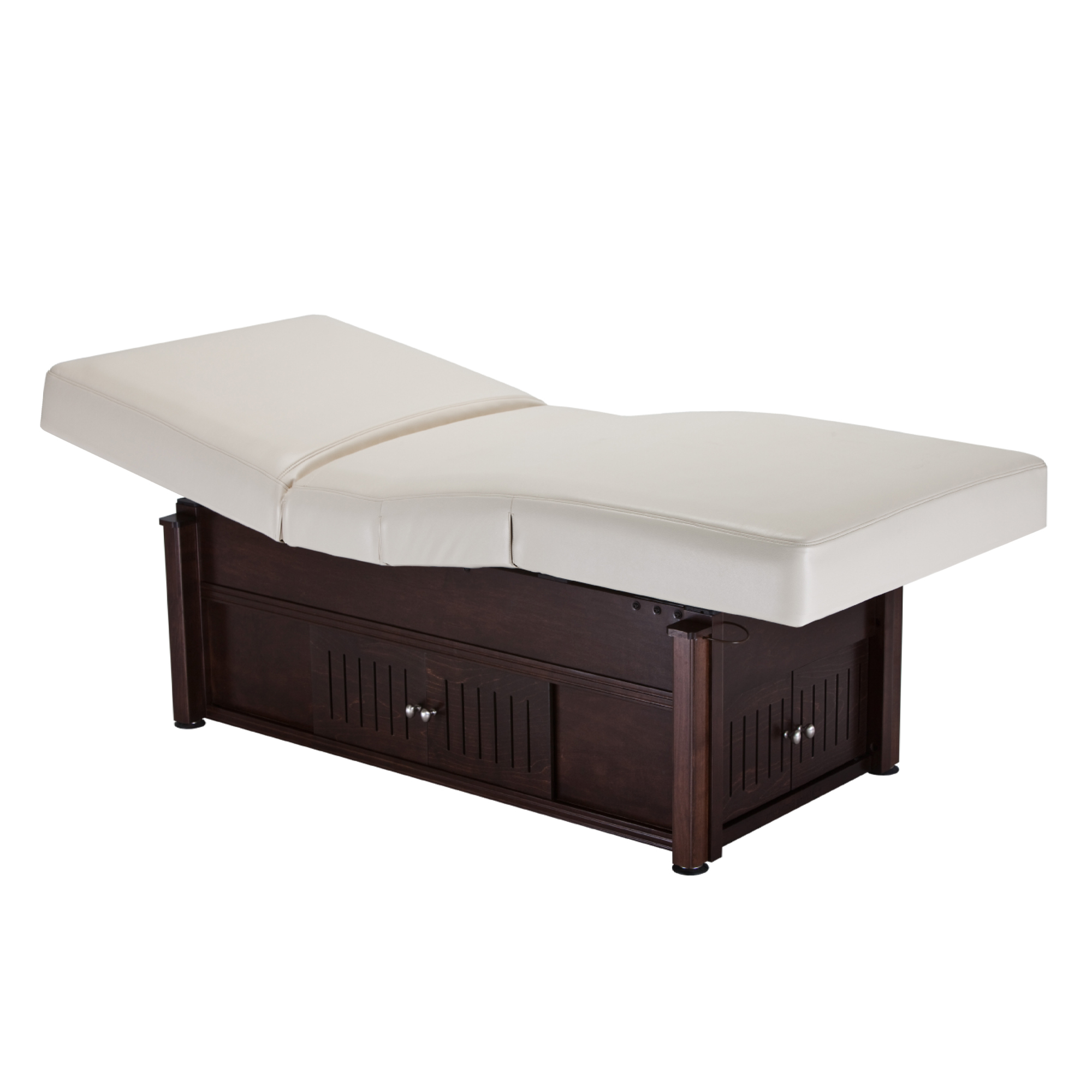 Living Earth Crafts PRO SALON CRAFTSMAN electric lift table with white cushions and storage.