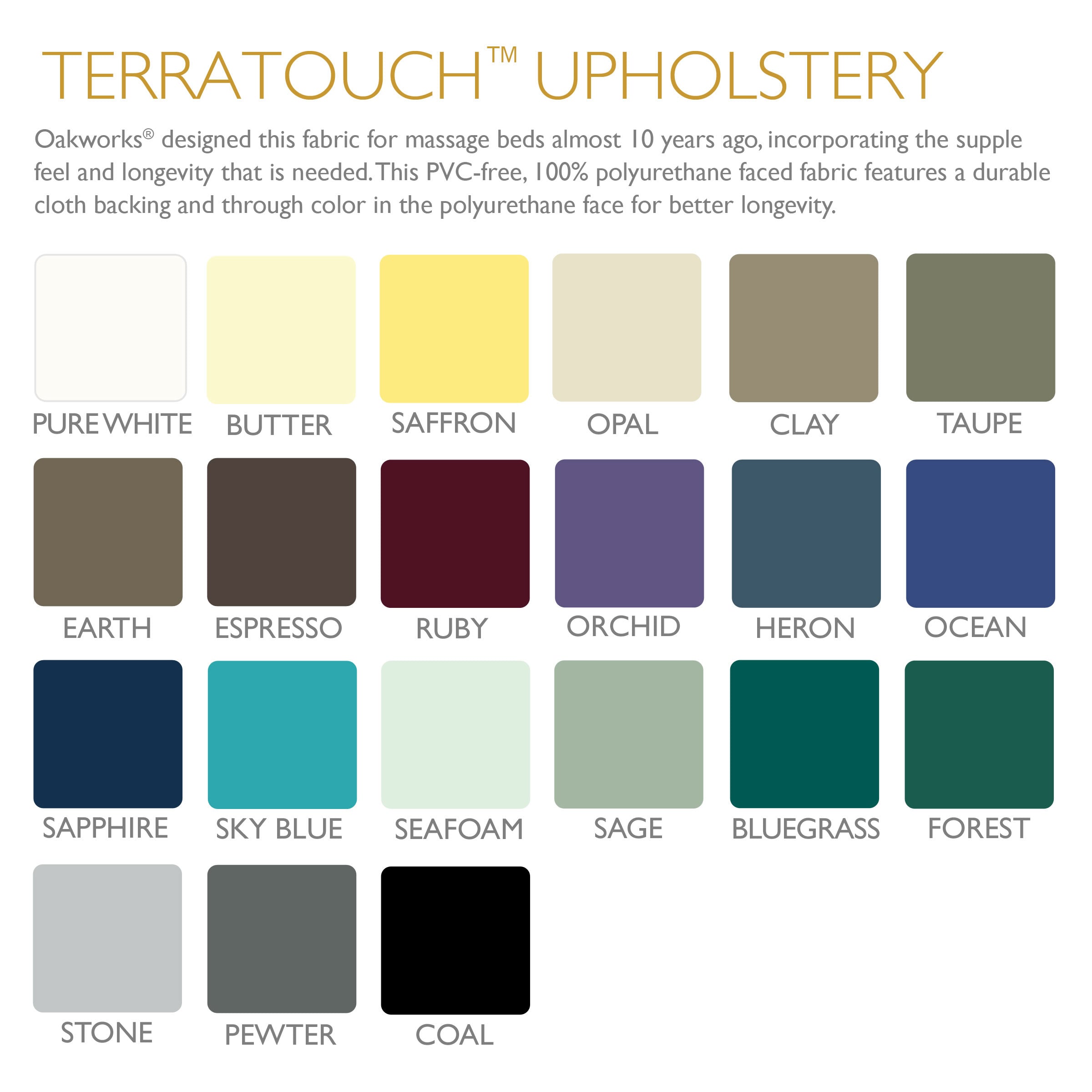 18 ADA compliant Terratouch color swatches for Oakworks PT150 Hi Lo Table by Oakworks.