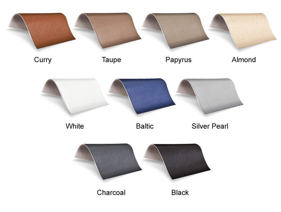 Nine leather swatches for EarthLite INFINITY CONFORMA Massage Table in Curry, Taupe, Baltic & more.