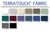 Terratouch fabric samples for Oakworks CLINICIAN Salon Top, 13 labeled colors on white.