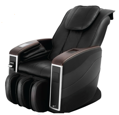 Apex V1 black vending massage chair with padded armrests and built-in leg/foot massager.