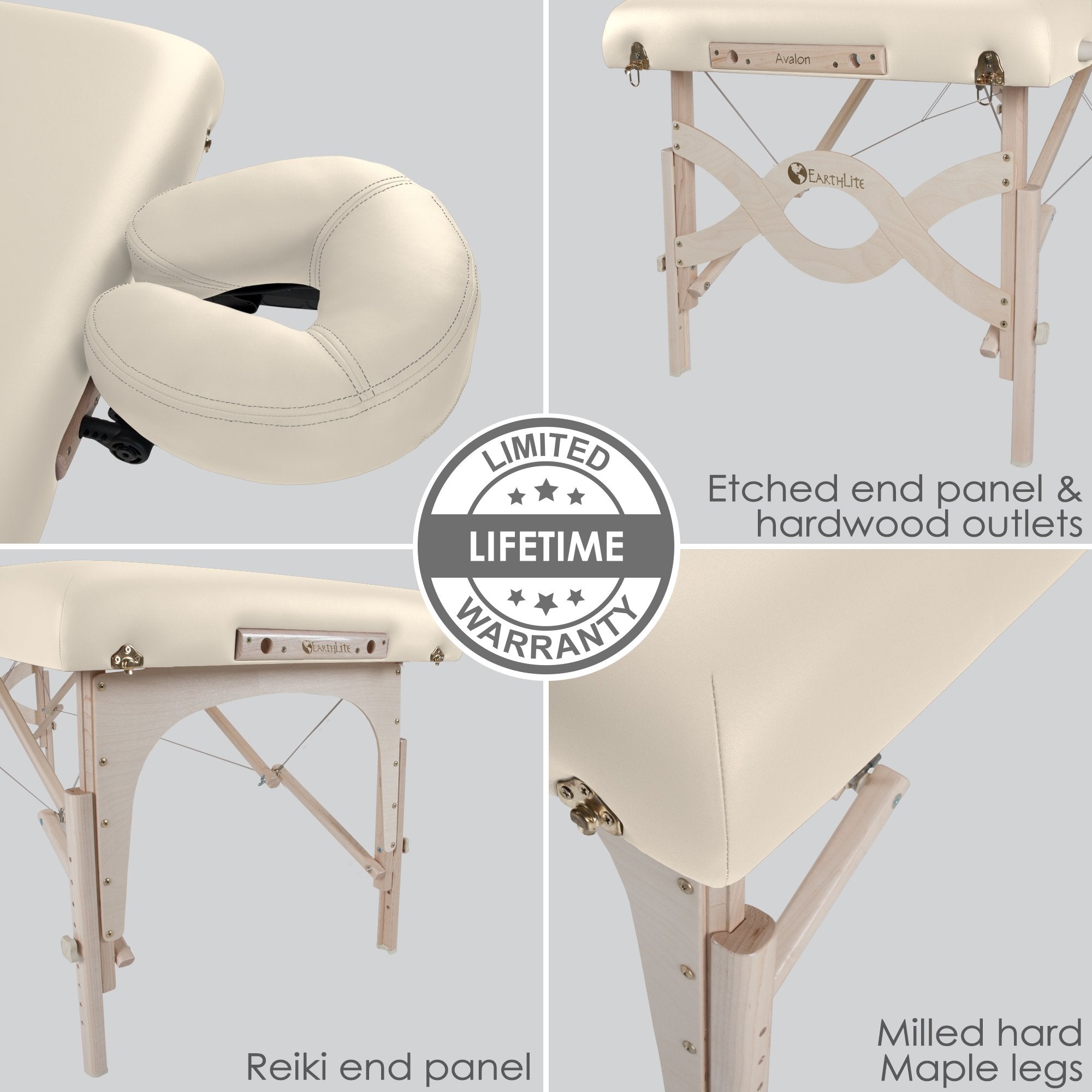 Collage of the EarthLite AVALON XD table highlighting build details and Limited Lifetime Warranty.