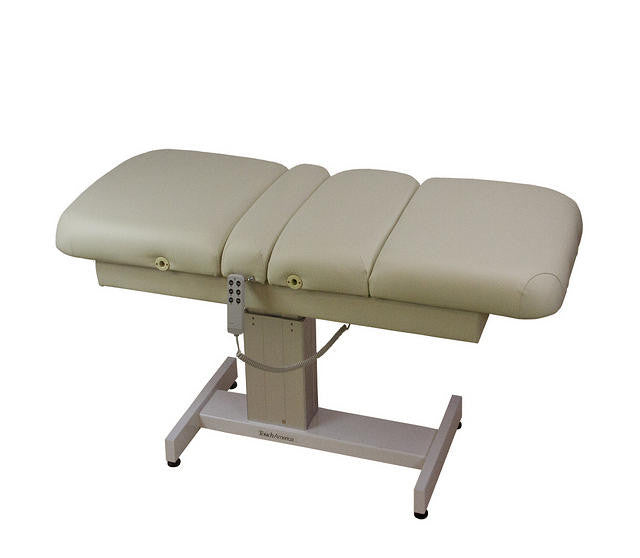 TouchAmerica VENETIAN POWERTILT Treatment Table with metal base and remote for salons.