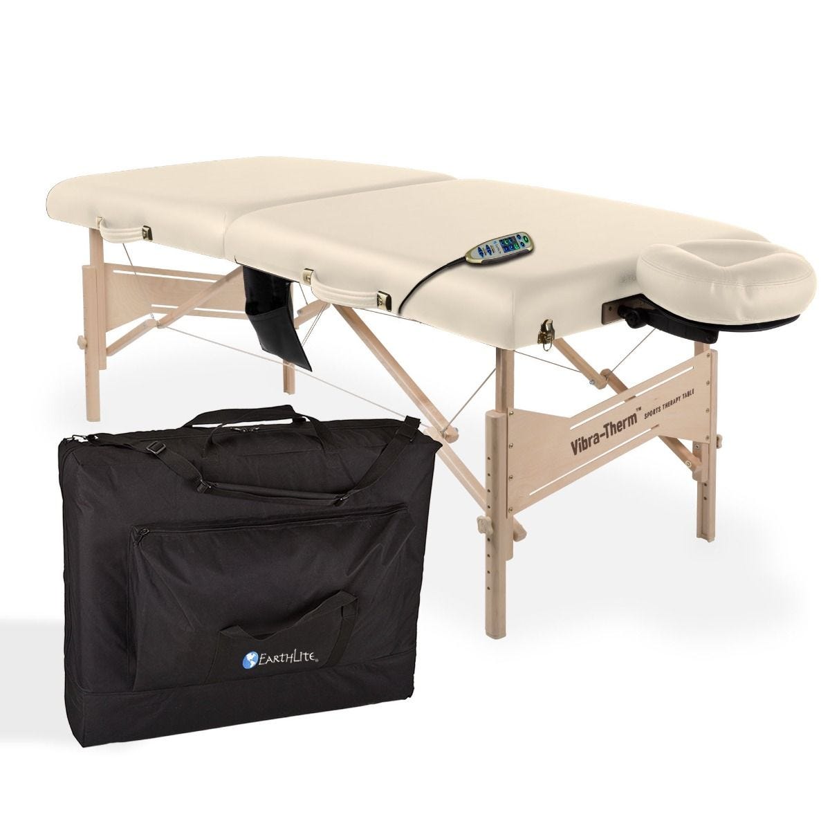 EarthLite VIBRA-THERM™ portable massage table with digital controller and black case.