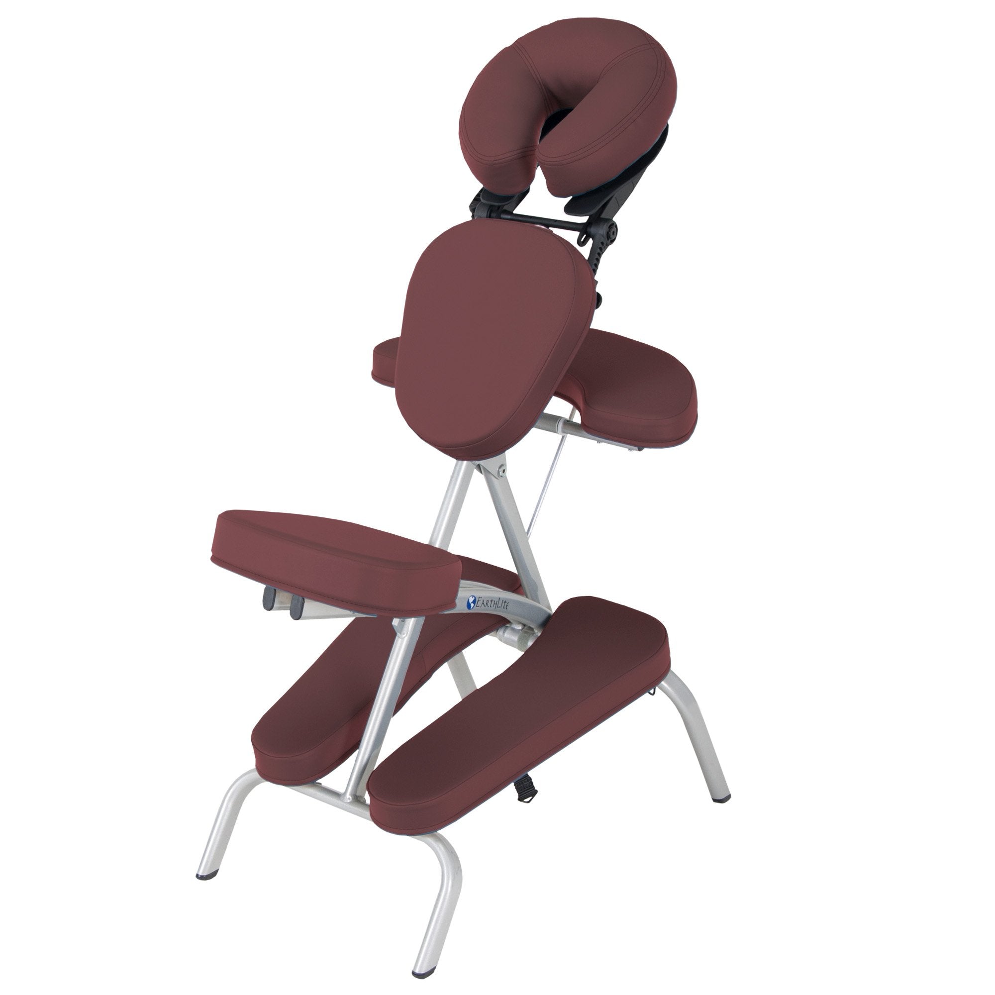 EarthLite VORTEX Portable Massage Chair is lightweight, adjustable, and features burgundy cushions.