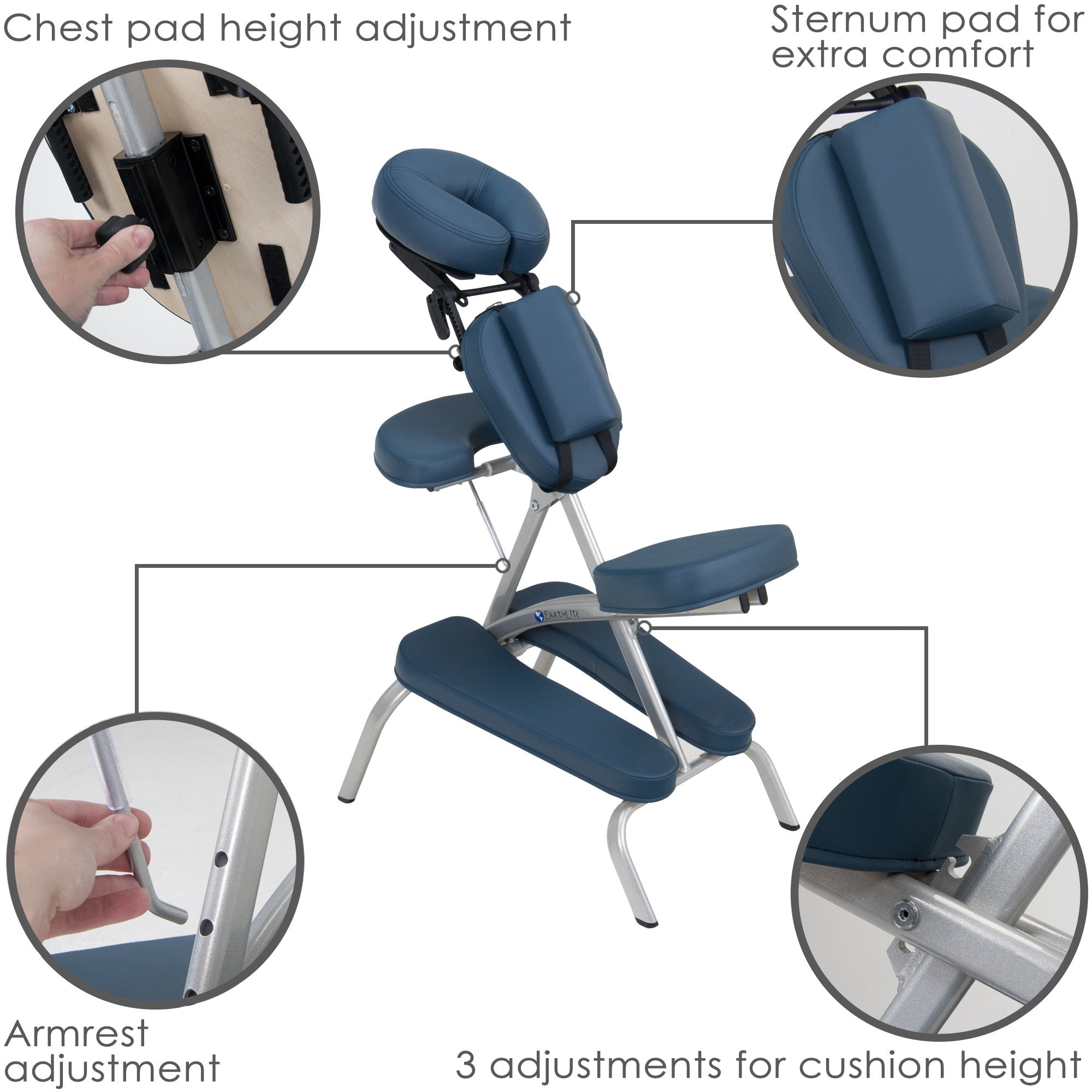 EarthLite VORTEX portable massage chair with adjustable cushions, chest pad, and armrest.