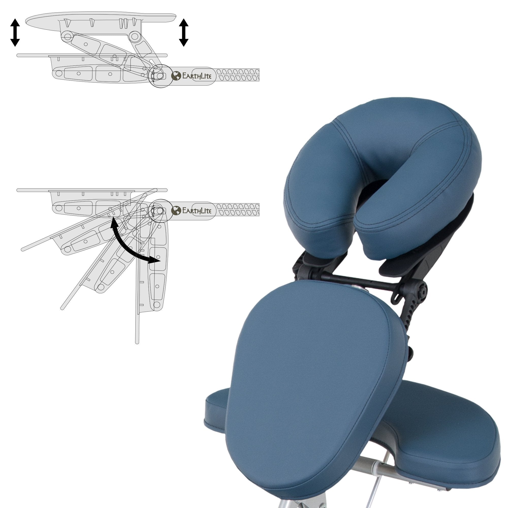 EarthLite VORTEX Portable Massage Chair: blue, padded, adjustable headrest; tilt & height options.
