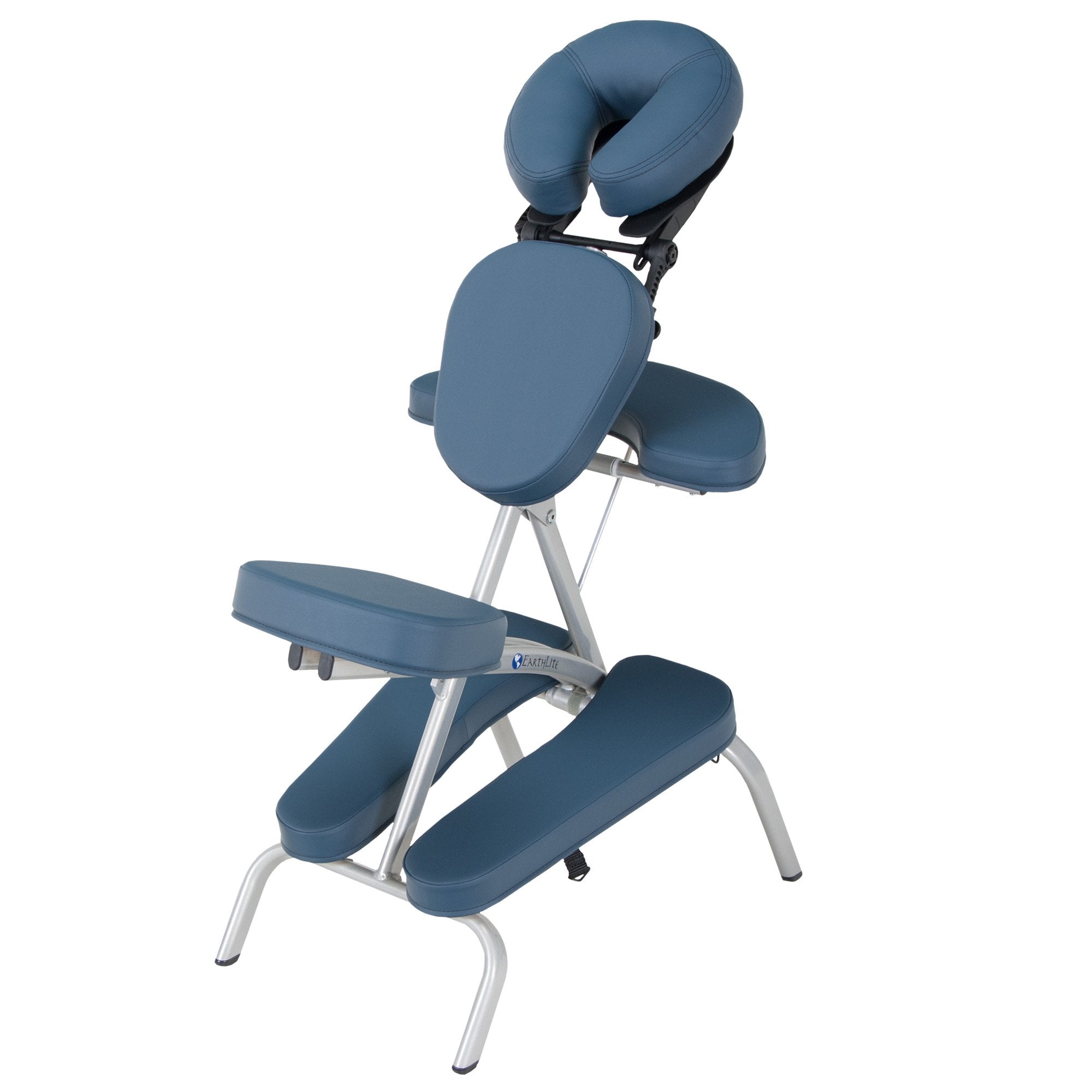 EarthLite VORTEX blue lightweight massage chair with padded seat, armrest, and face cradle.