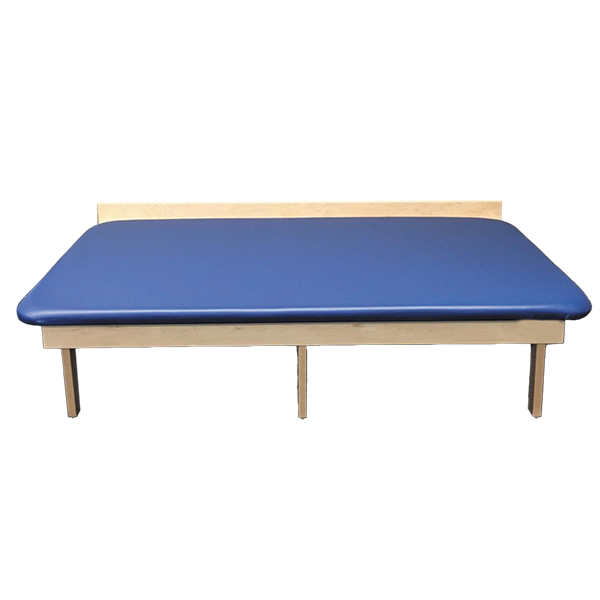 The PHS Medical Wall Mount Mat Table has a blue padded top and wooden legs, shown from the front.