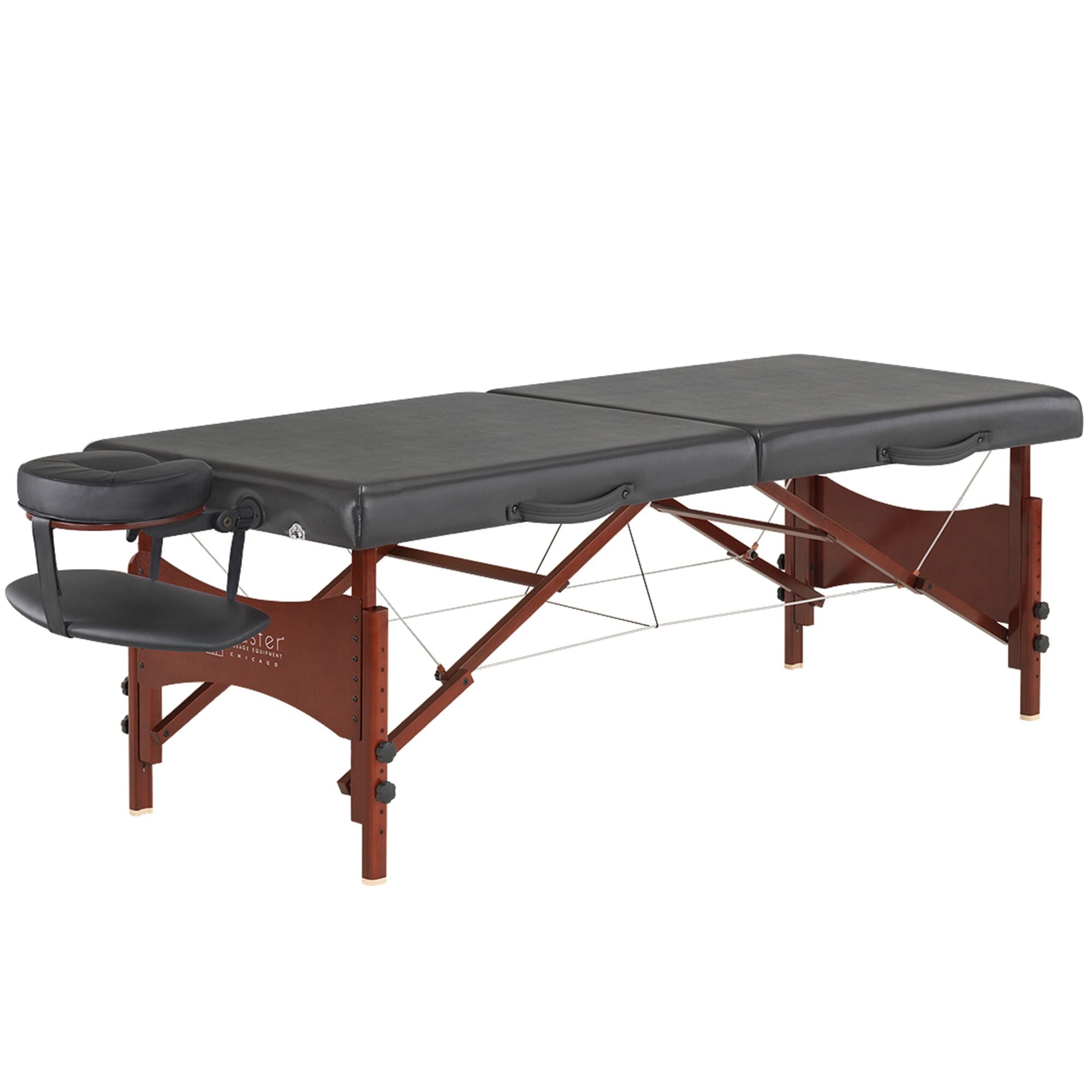 The Master Massage Roma II Portable Table has black cushioning and a wooden frame.