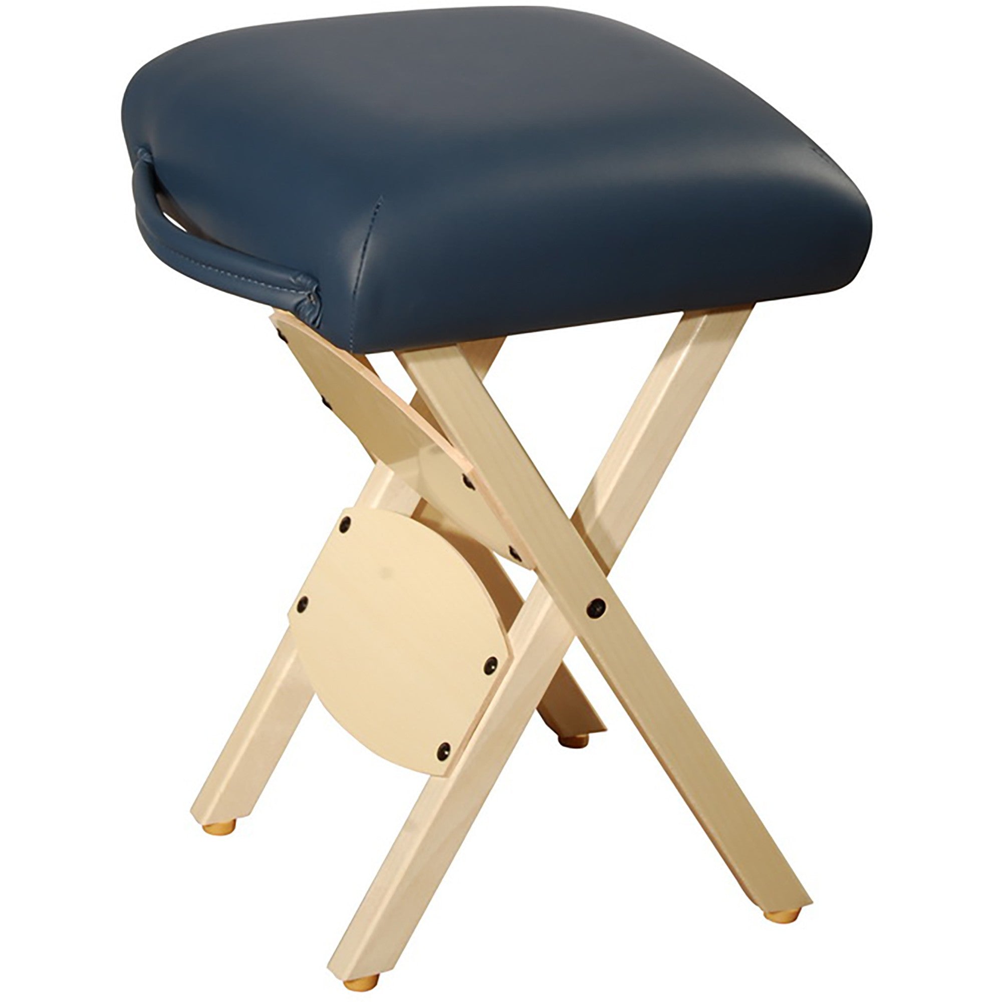 Master Massage WOODEN FOLDING Stool, Agate Blue, lightweight with padded seat and handle.