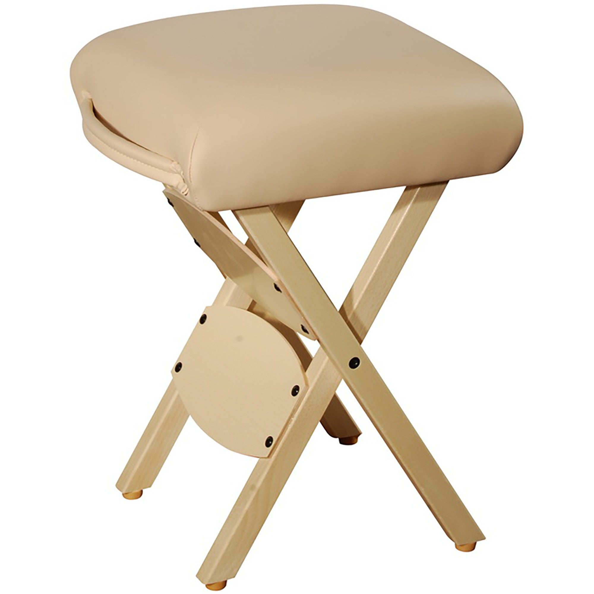 Master Massage WOODEN FOLDING Massage Stool, beige seat, sturdy wooden frame.