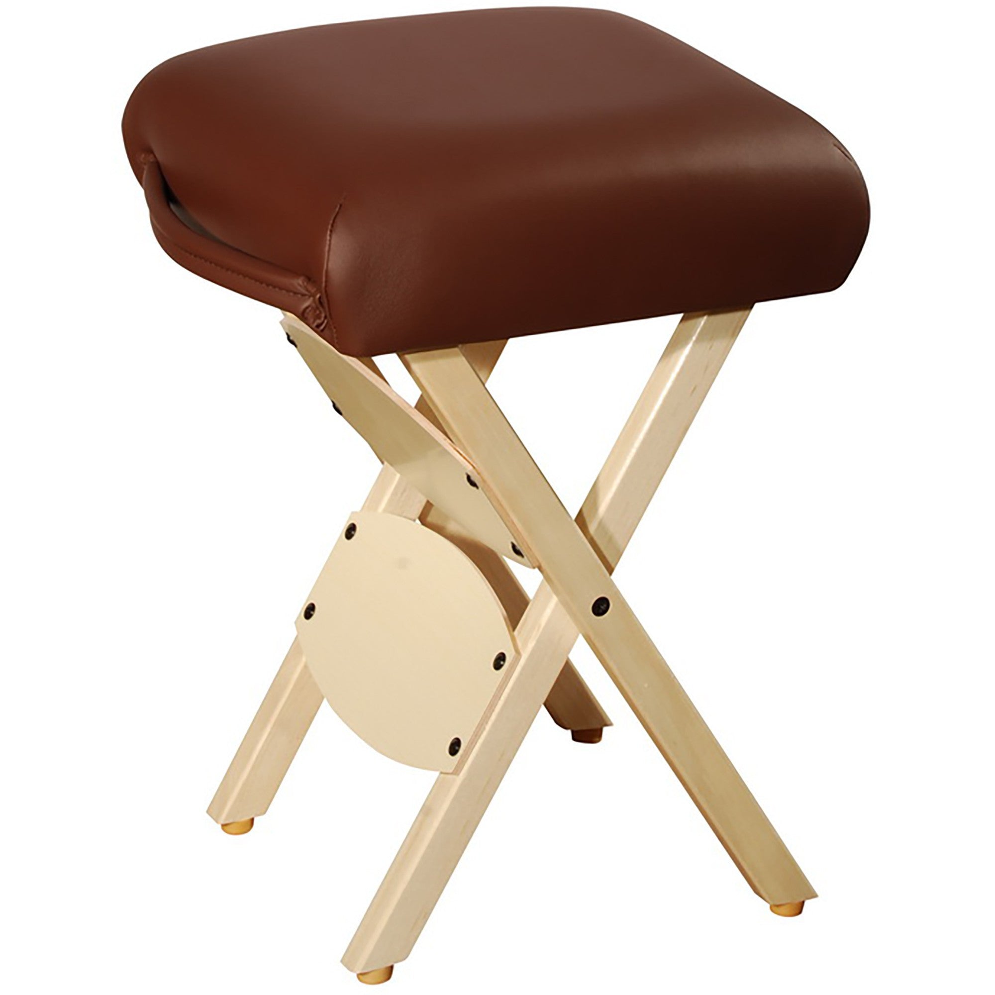 The Master Massage WOODEN FOLDING Stool is a compact, brown cushioned seat that folds for easy use.