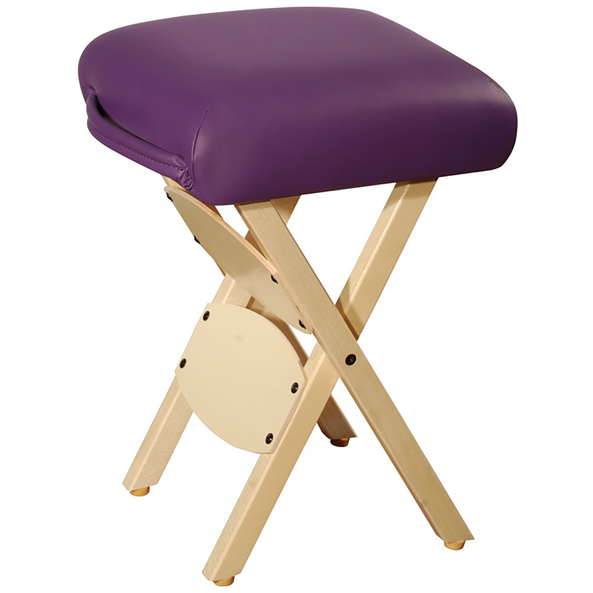 Master Massage WOODEN FOLDING Massage Stool with a square purple cushion; lightweight, portable.