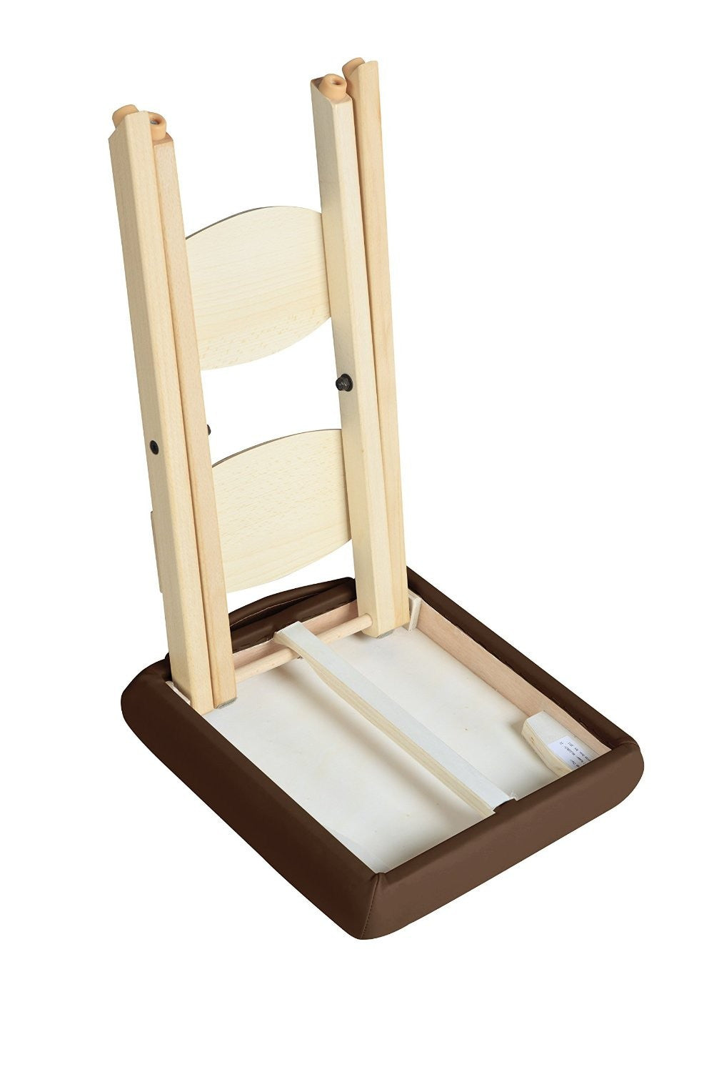 The Master Massage WOODEN FOLDING Massage Stool is shown upside down with legs and seat up.